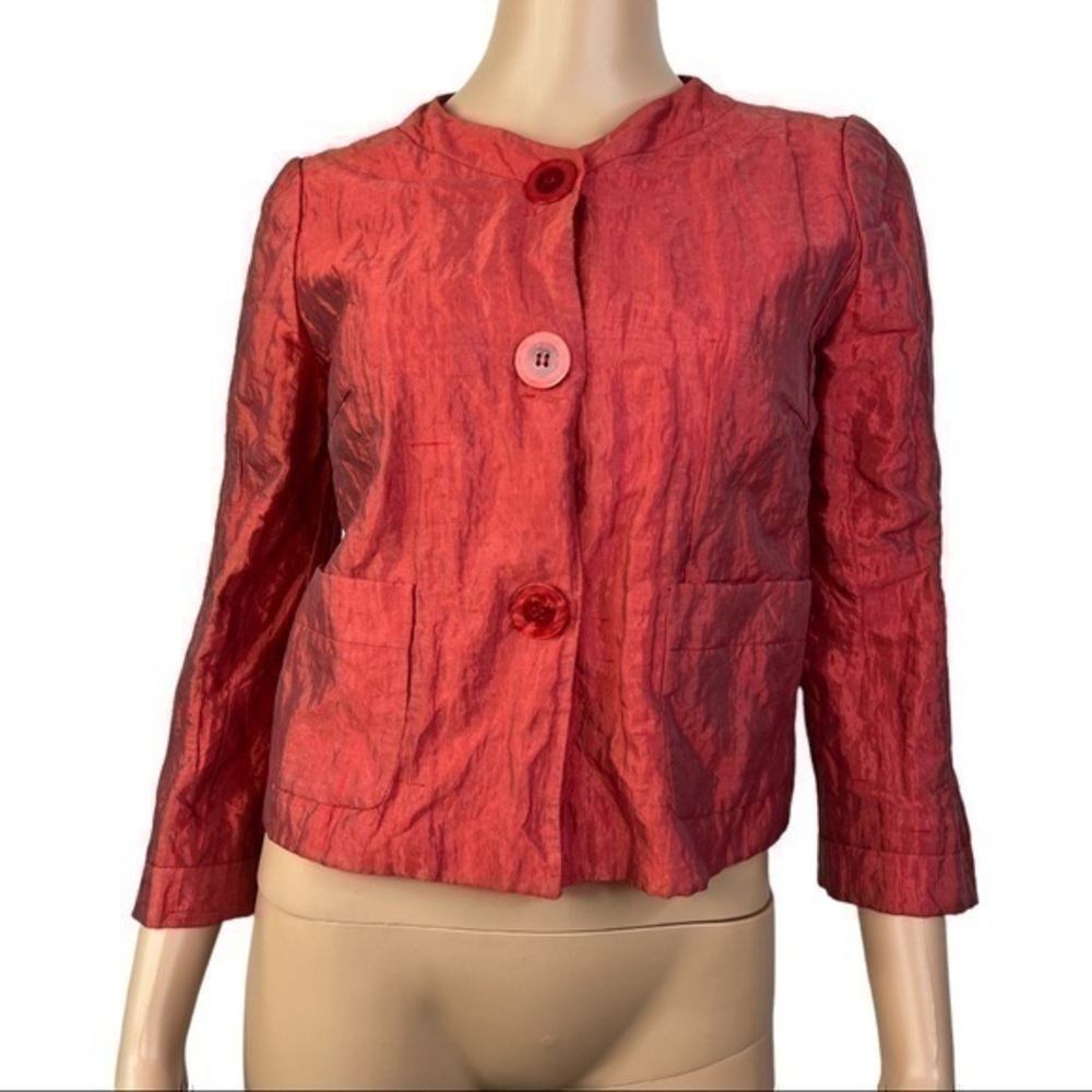 LAFAYETTE 128 NEW YORK Women's Red Orange Silk Metallic Crinkle Jacket Blazer